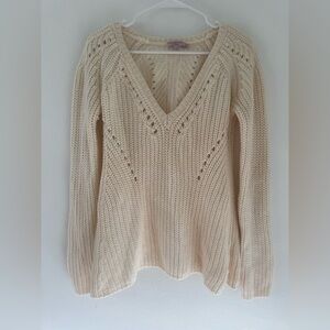 Calypso St. Barth Callani Knit Sweater 100% Wool Cream V Neck Pointelle Large